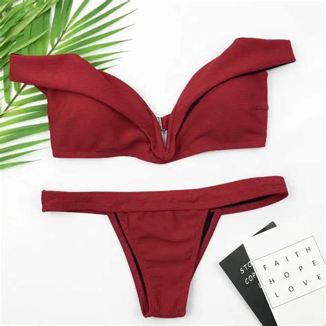 Sexy Off Shoulder Bikini Women Solid Swimwear Push Up Swimsuit