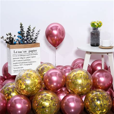 Set Baloane Latex Chrome Cu Confetti Culoare Roz Inchis Auriu