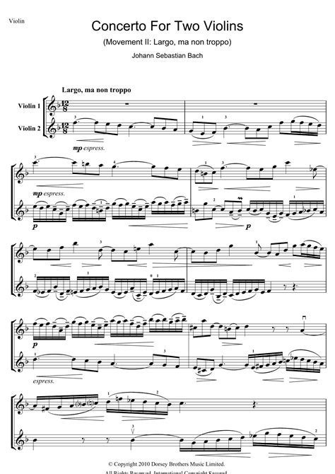 Concerto For Two Violins 2nd Movement Largo Ma Non Troppo By Johann Sebastian Bach Sheet