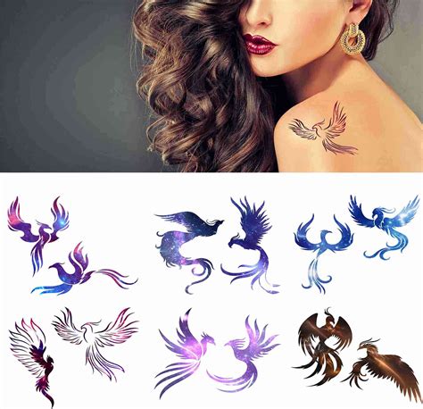 Phoenixes Temporary Tattoos Set for Men & Women - 6 Sheets of Firebird ...