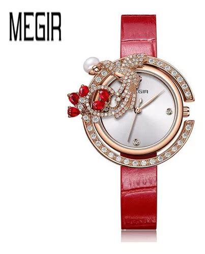 Relojes De Cuarzo De Lujo Megir Leather Diamond Correa De Color Rojo