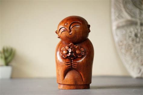 Wooden Jizo Flower Statue Japanese Buddha Sculpture Minimalist Wood Figurine Meditation