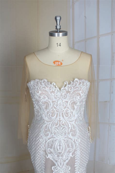 Illusion Neckline Plus Size Wedding Gown With Sheer Sleeves