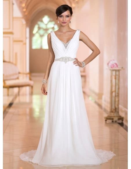 A Line V Neck Chapel Train Chiffon Wedding Dress