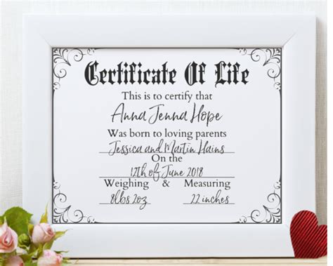 Certificate Of Life Stillbirth Miscarriage Remembrance Etsy