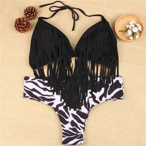 Bikinis 2017 New Hot Sexy Swimwear Women Leopard Tassel Bikini Set Two