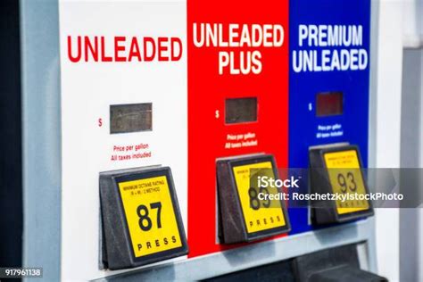 Red White And Blue Colors At The Gas Pump Choices Of Unleaded Gasoline And Octane Rating Stock