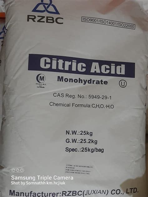 RZBC Citric Acid Monohydrate For Industrial Use Packaging Type