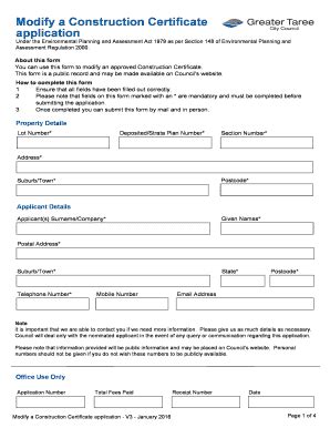 Fillable Online Taree Modify A Construction Certificate Application