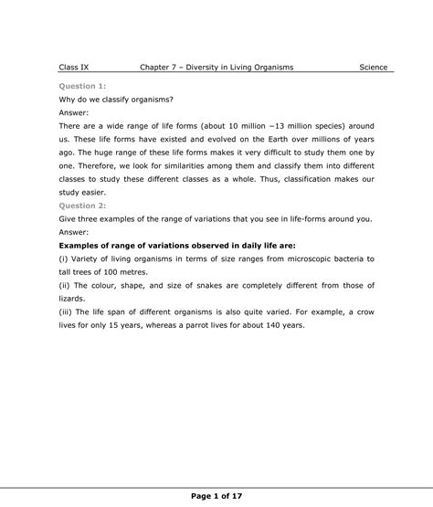 Class 9th Science Diversity In Living Organisms NCERT Solution CBSE 2023