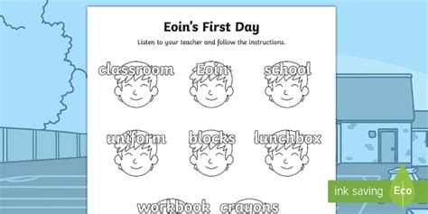 Exploring My World Aistear Eoin S First Day Listen And Colour Worksheet