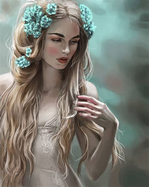 A Woman With Long Blonde Hair And Blue Flowers In Her Hair Wearing A