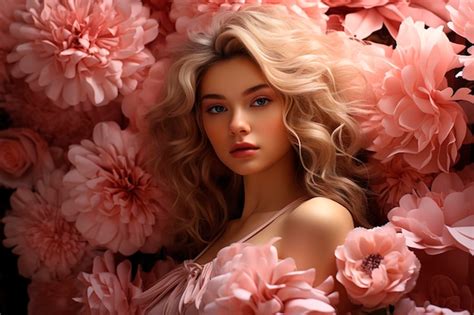 Premium Photo Beautiful Woman With Pink Flowers Generative Ai