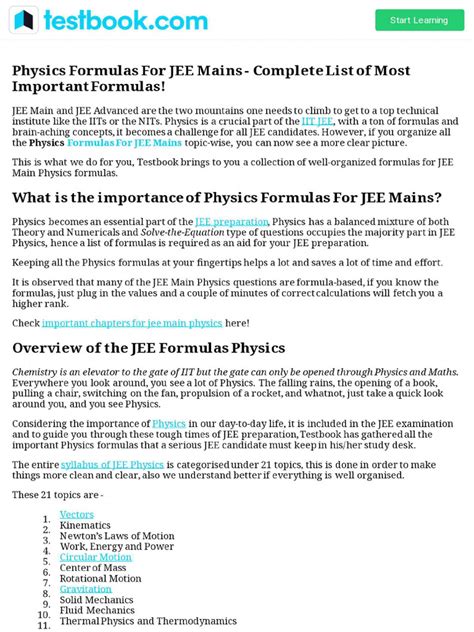 Physics Formulas For JEE Mains - Complete List of Most Important Formulas! | PDF