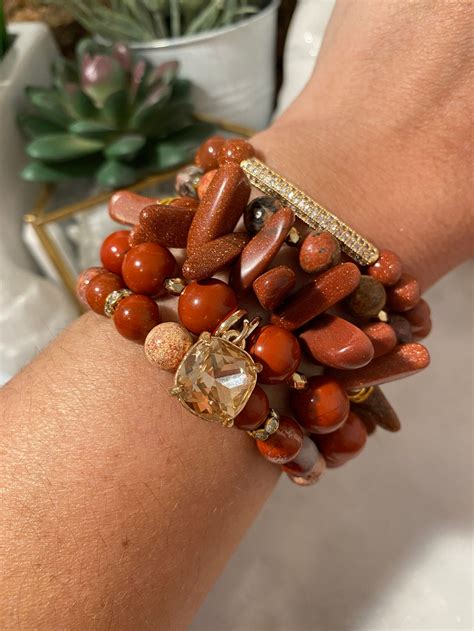 Piece Beaded Bracelet Set Red Jasper Stone Goldstone Etsy