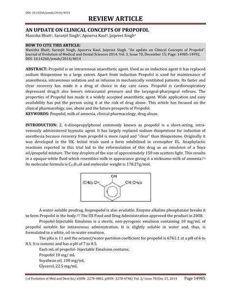 Pdf An Update On Clinical Concepts Of Propofol