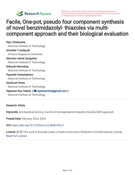 Pdf Facile One Pot Pseudo Four Component Synthesis Of Novel Benzimidazolyl Thiazoles Via