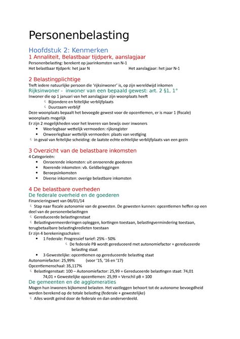 Personenbelasting Samenvatting Personenbelasting Hoofdstuk