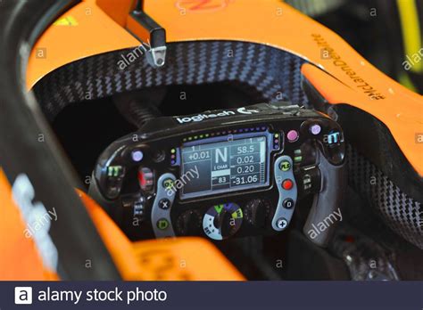 The cockpit of a McLaren MCL35 F1 racing car on display at the London ...