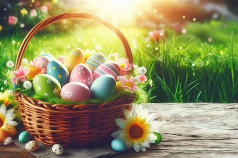 Premium Ai Image Basket Of Easter Eggs On Green Grass At Sunny Day