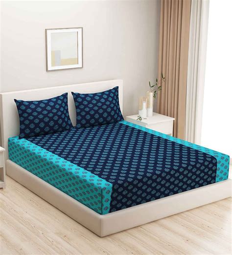 Buy Blue Traditional 200 Tc Cotton Double King Size Bedsheet T Set