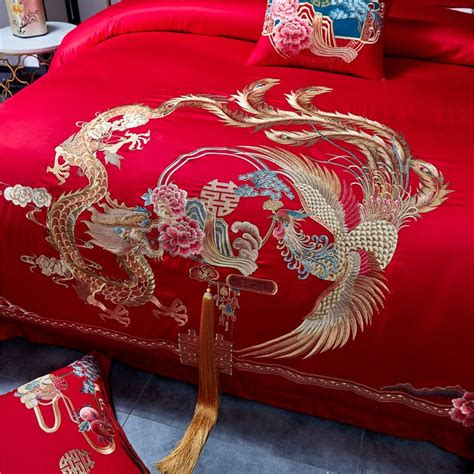 Red Gold Dragon Phoenix Wedding Long Embroidery Duvet Cover Set Egypt