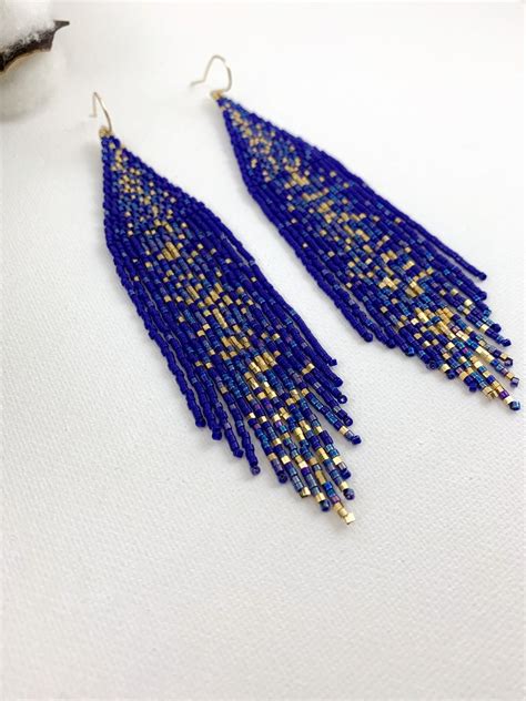 Blue And Gold Galaxy Beaded Earrings Statement Boho Earrings Etsy