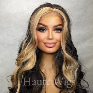 Inch Long Womens Wig Black Brown Golden Blonde Highlights Streaks Money Piece Lace Front