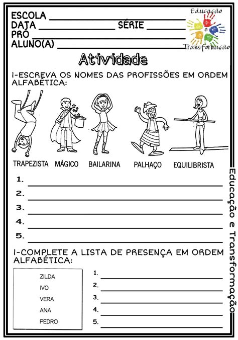 Atividades Sobre Ordem Alfabetica