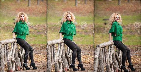 Beautiful Woman Posing In Park During Autumn Season Blonde Girl