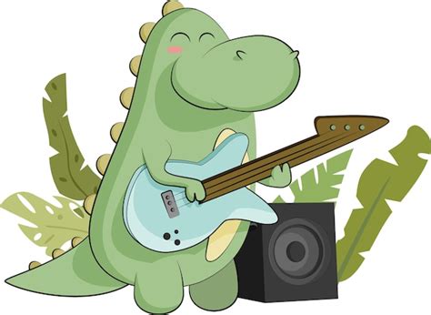 Premium Vector Cute Green Dinosaur Playing Electric Guitar In