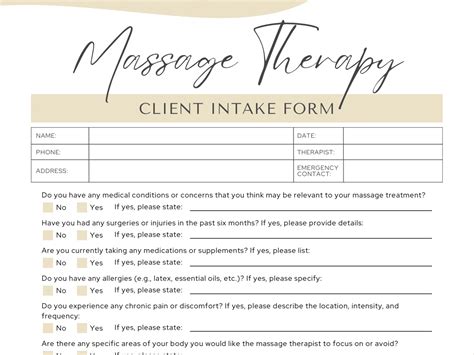 Massage Therapy Consultation Form, Client Intake Form, Massage