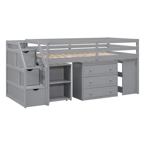 Twin Size Loft Bed With Retractable Writing Desk And 3 Drawers Wooden Loft Bed With Storage