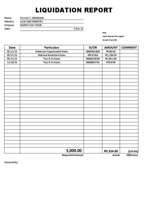 Liquidation Report Date Particulars Sior Amount Comment Pdf