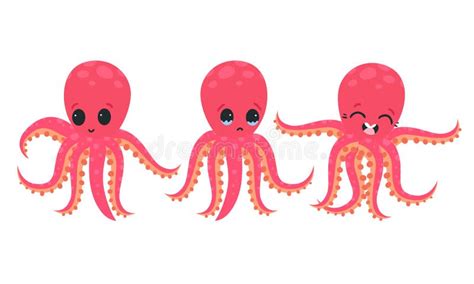 Pink Octopus with Tentacles Showing Different Emotions and Mood Vector ...