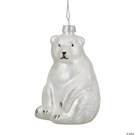 4 White Glittered Polar Bear Glass Christmas Ornament