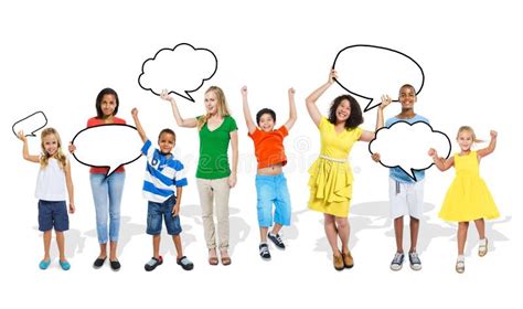 Multiethnic Group People Holding Colourful Speech Bubbles Stock Photos