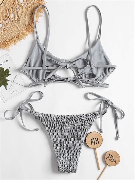 Emmiol Free Shipping 2023 Smocked Solid Bikini Set Gray L In Bikini