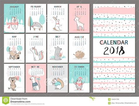 Monthly Creative Calendar 2018 with Cute Animals. Concept, Vertical ...