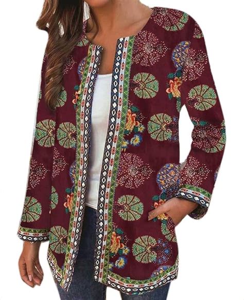 Womens Vintage Ethnic Style Coat Floral Print Long Sleeve Plus Size