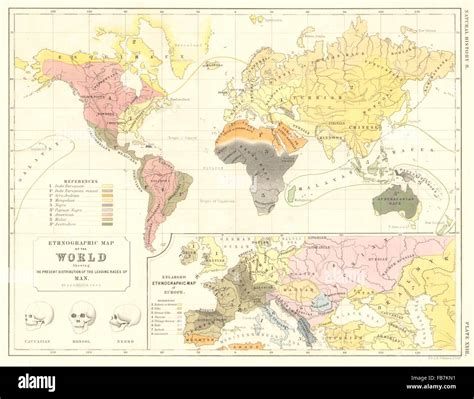 WORLD: Ethnographic distribution map of the World. Inset Europe, 1850 ...