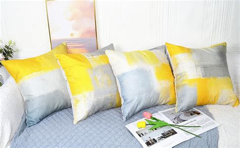 Qualknoy Set Of Cushion Covers X Yellow And Grey Linen Modern