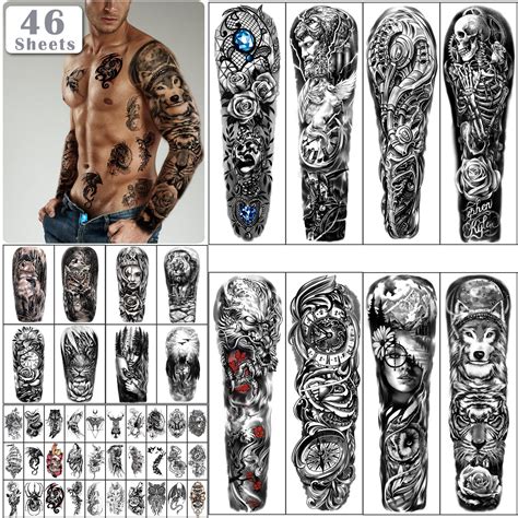 46 Sheets Full Arm Skull Temporary Tattoos For Men Half Arm Shoulder