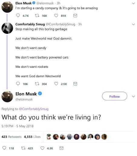 Elon Musk: "What do you think we're living in?" : r/westworld