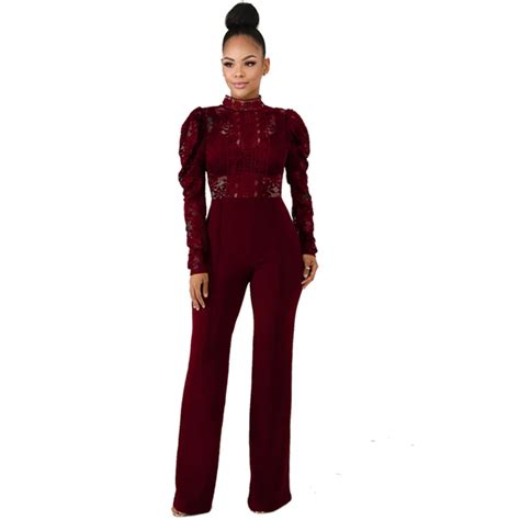 Burgundy Sheer Lace Top Jumpsuit Women Stand Collar Long Sleeve Romper