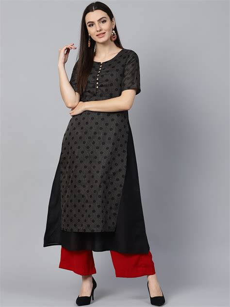 Buy Jaipur Kurti Women Black Chanderi Silk Printed Layered A Line Kurta