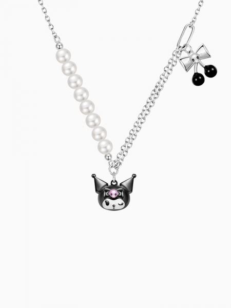 Kuromi And Bowknot Pendant Silver And Black Beads Necklace