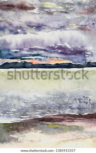 Sketch Picturesque Landscape Seashore Clouds Painted Stock Illustration