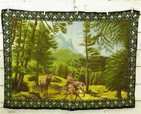 Vintage Cotton Tapestry Deer Forest Scene Large Wall Hanging