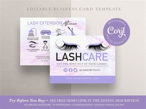 Editable Lash Extension Aftercare Card Eyelash Extensions Eyelashes